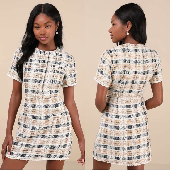 NWT Lulus Uniquely Posh Beige Tweed Sequin Lurex Short Sleeve Mini Dress Size L - Picture 1 of 16